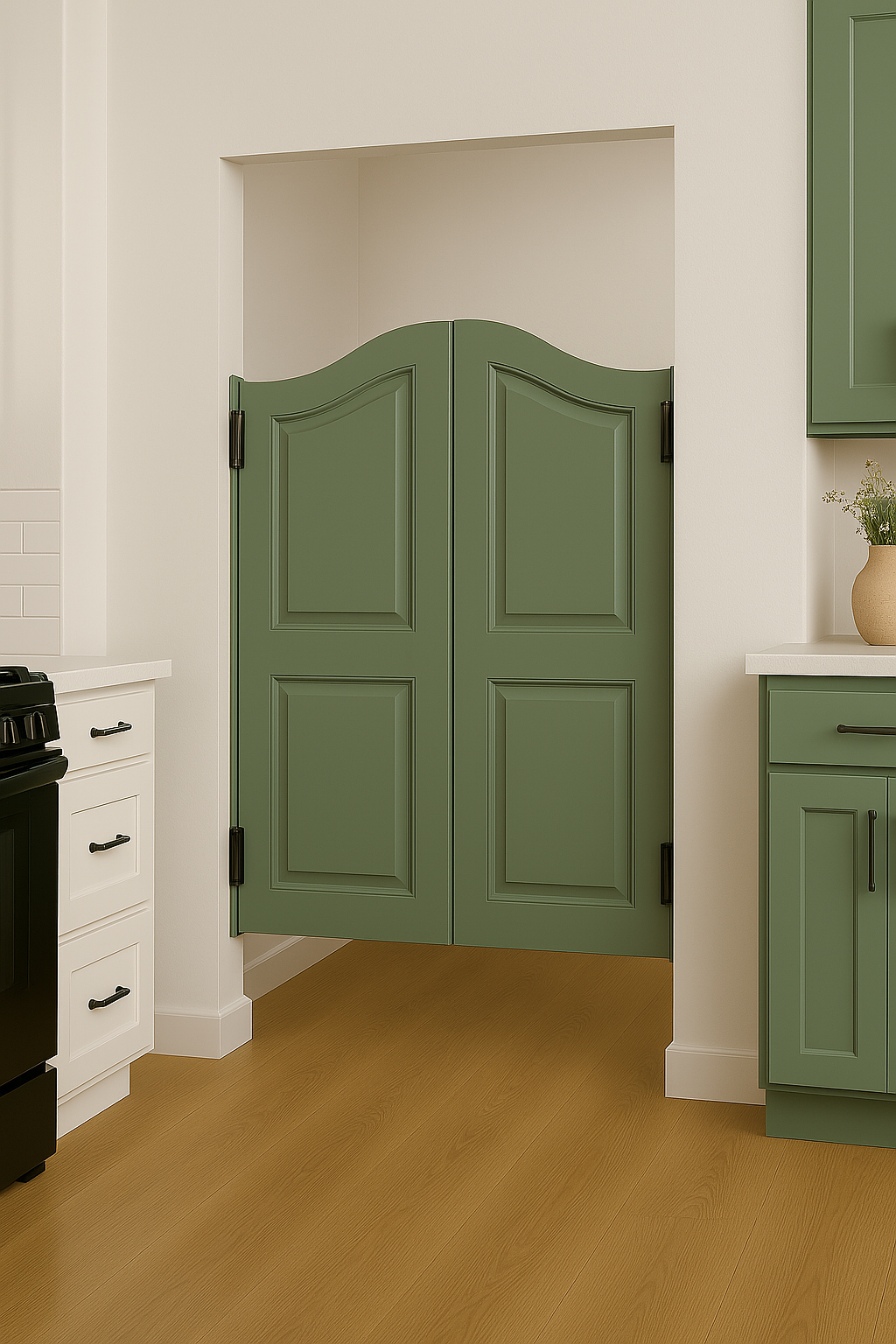 Green pantry doors between pantry and the kitchen. 