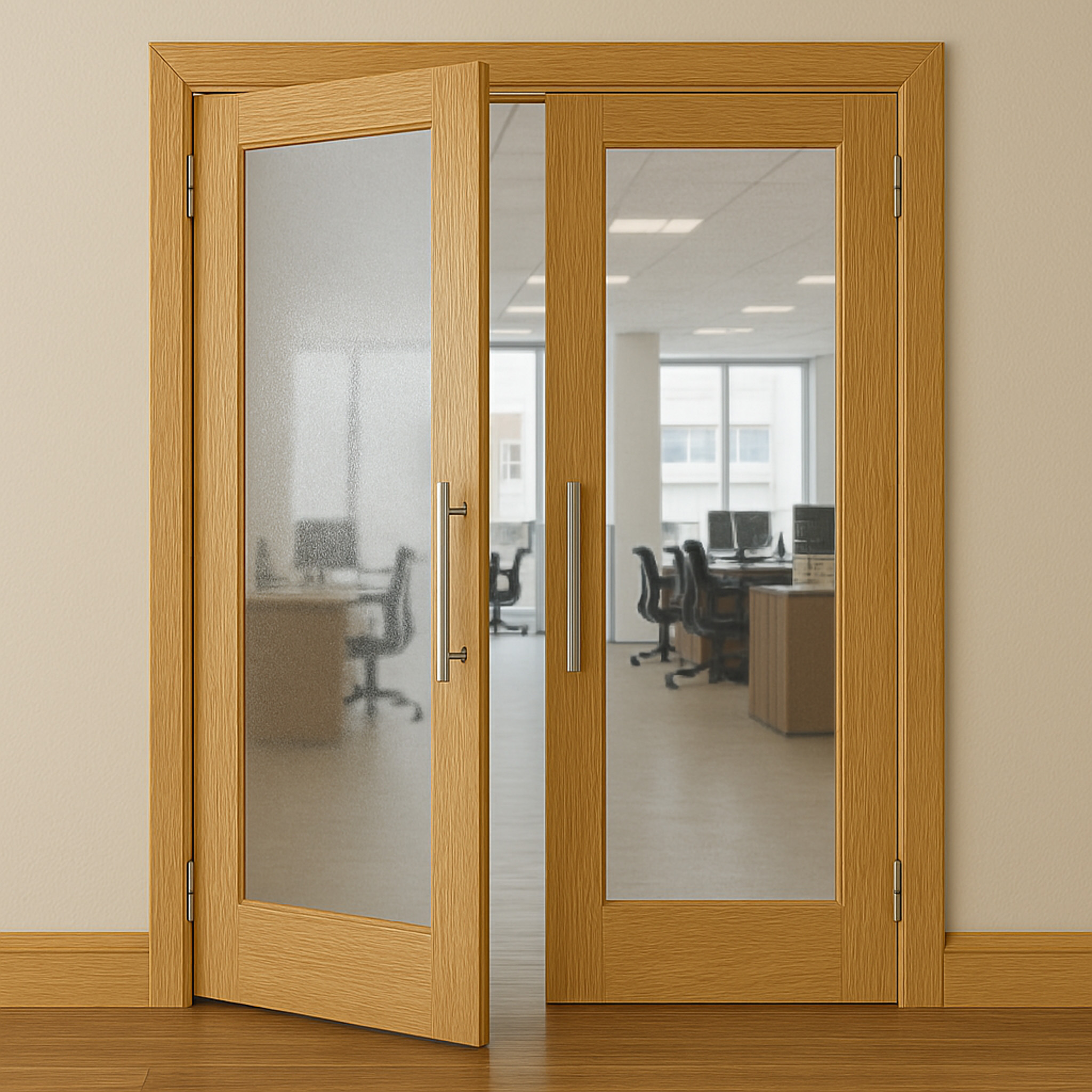 two wooden doors for interior that has glass in the shape of a rectangle. 