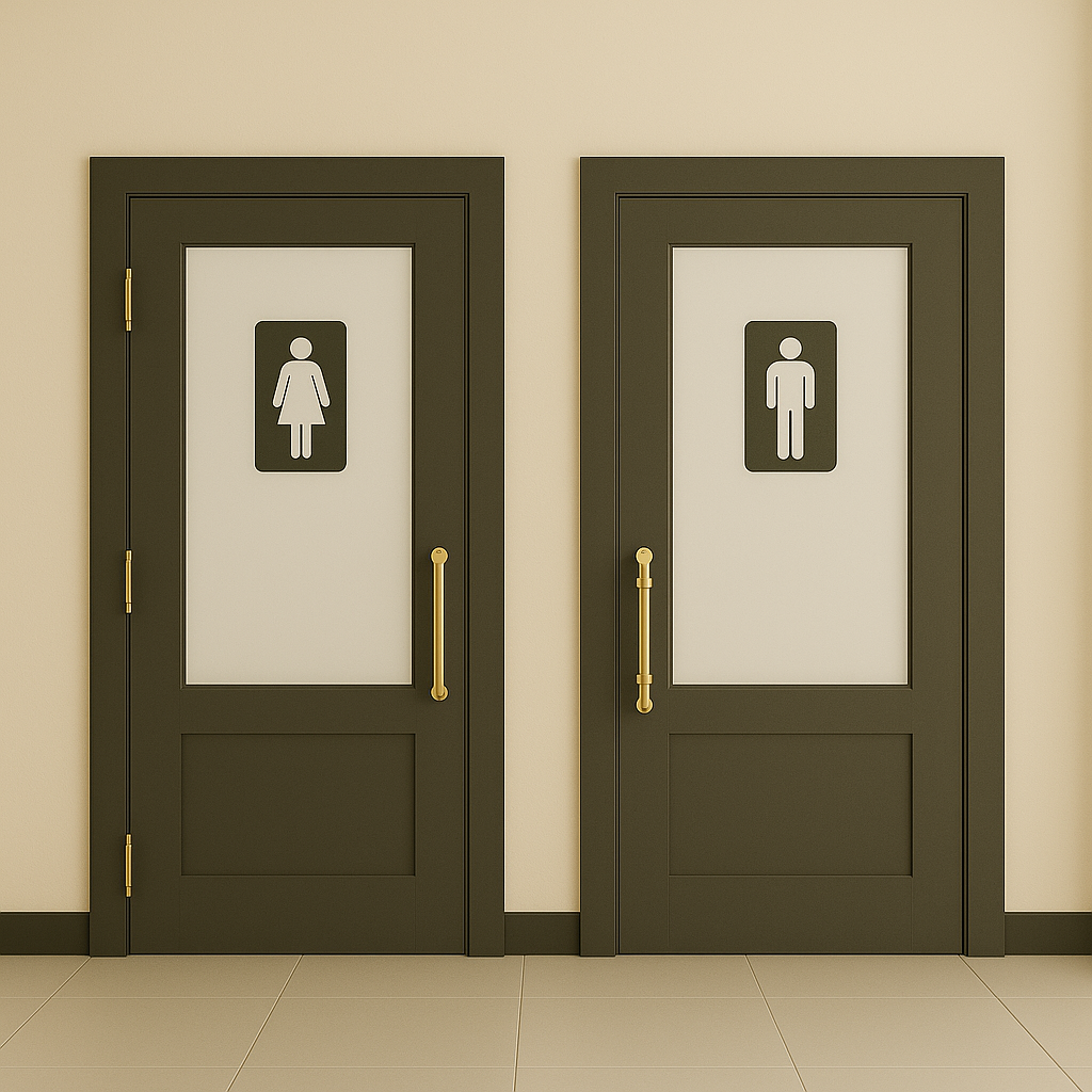 white and wooden doors that lead to female and male bathrooms. 