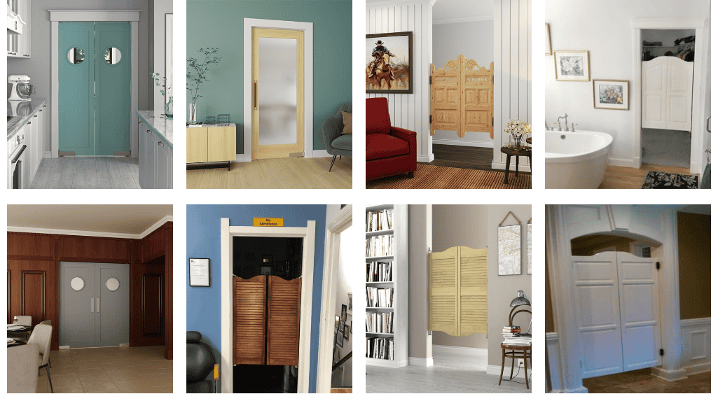 Collage of saloon-style swinging doors and hardware finishes