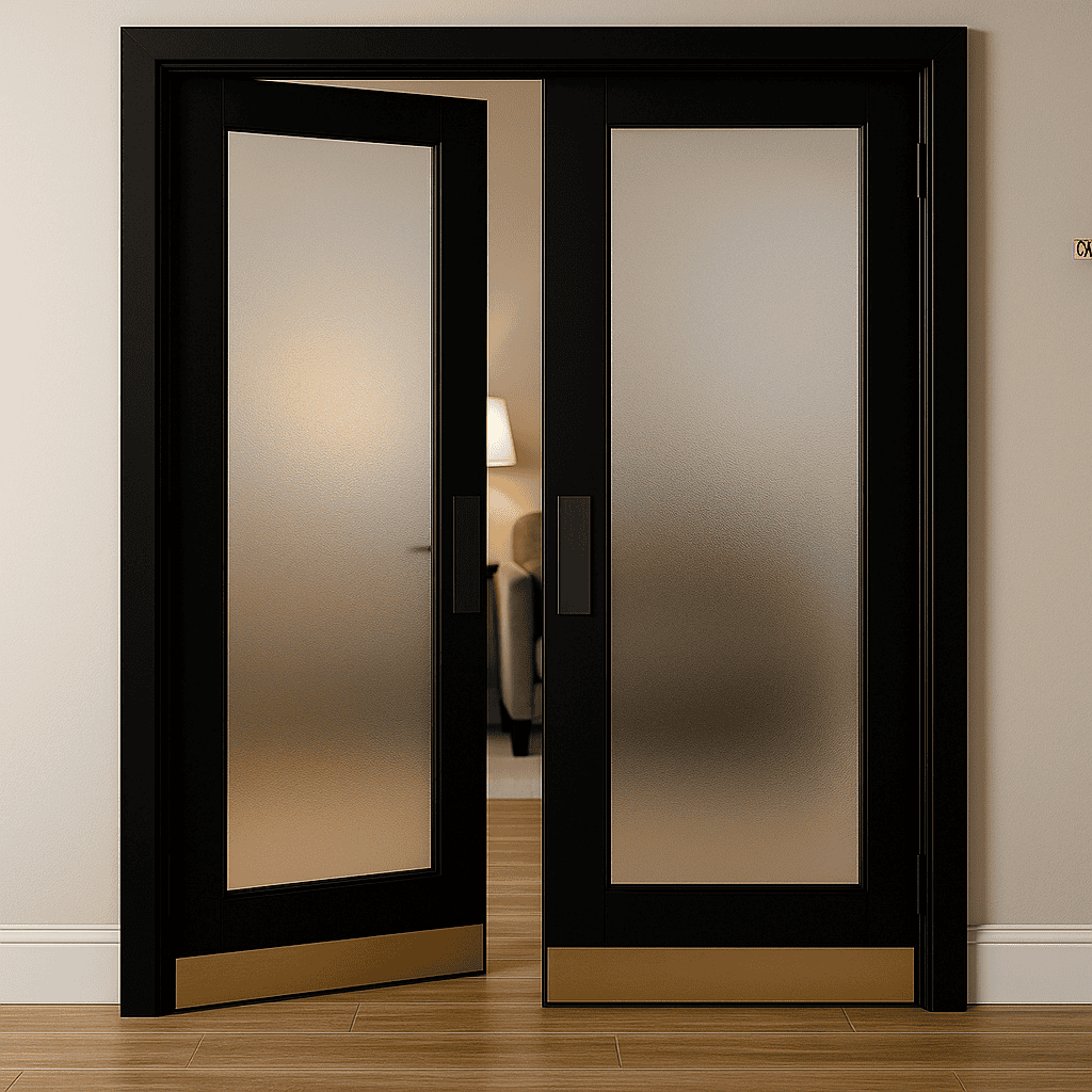 Two black swinging doors Two black swinging doors