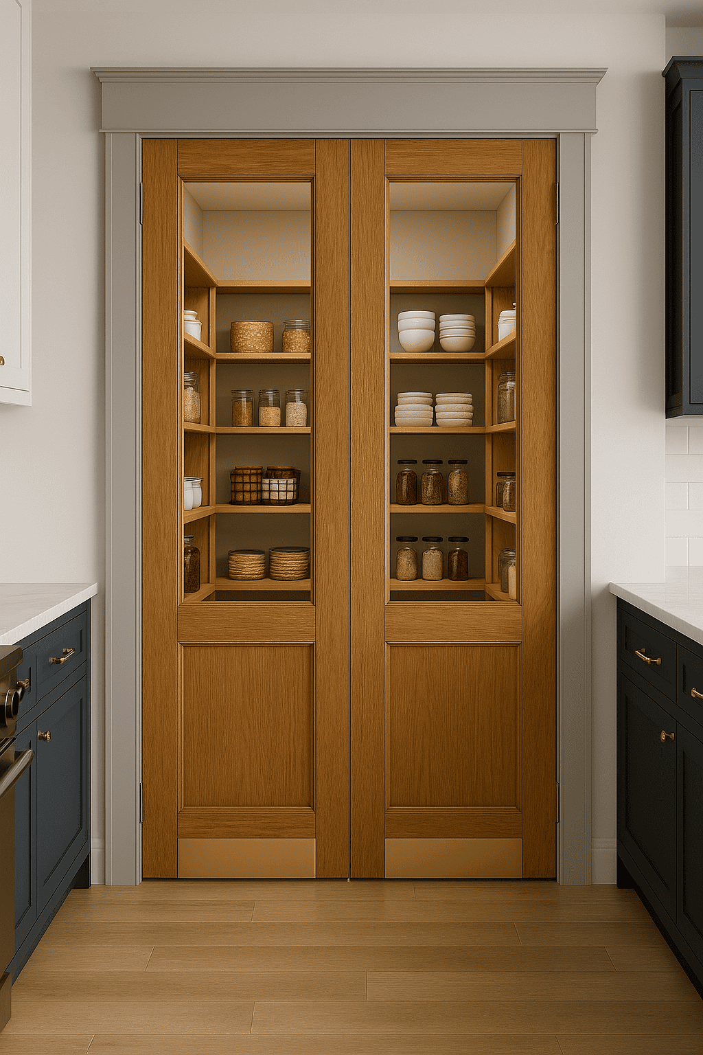 brown pantry doors in kitchen